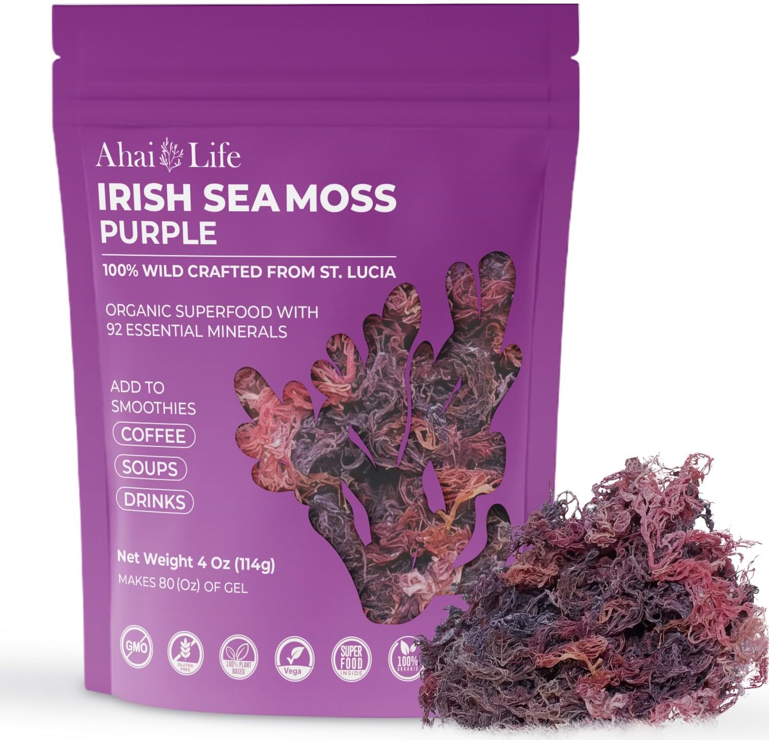 Purple Sea Moss Raw Organic| Makes 80oz of Gel - 100% Wild Crafted| Non-GMO Sun-Dried Mineral Rich Super Food for Energy| Booster Healthy, Immunity Digestion (4oz)