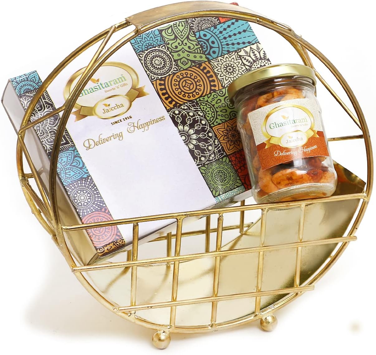 Jaiccha Ghasitaram Half Moon Metal Basket of Mix Dryfruits, Assorted Bites|Gift for Diwali Gifts,Holi,Rakhi,Valentine,Christmas,Birthday,Anniversary,Her,Him|
