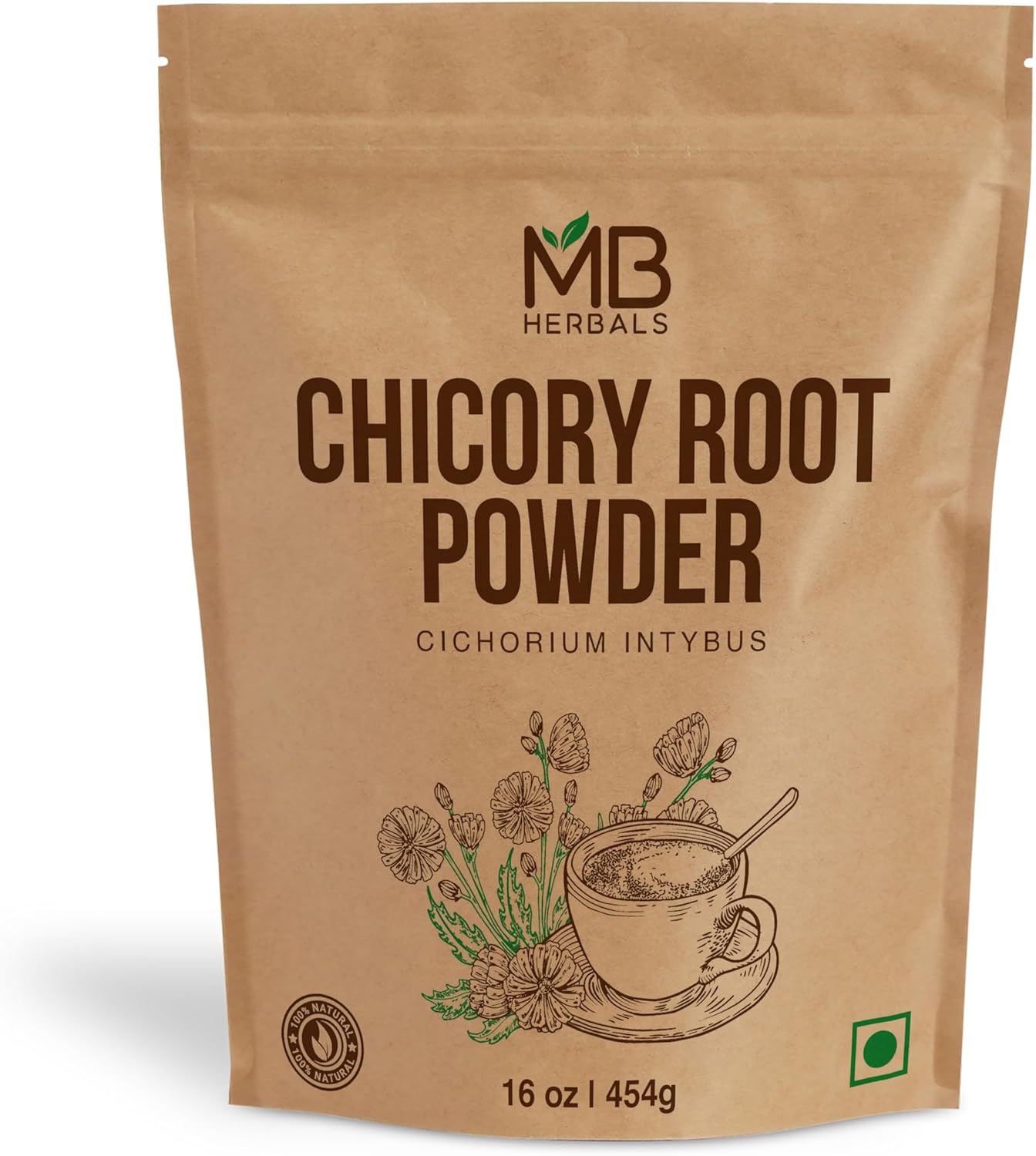 MB Herbals Instant Chicory Root Powder 1 lb / 16 oz (454 Gram) | Roasted | Non-GMO | Gluten Free | Dissolves Instantly in Hot Water or Milk