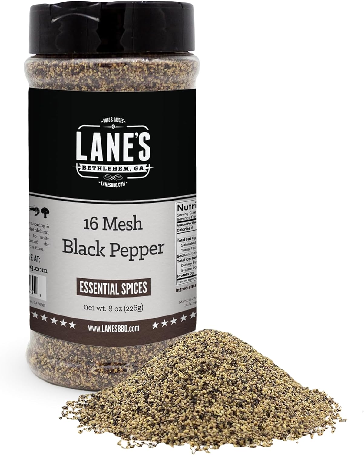 Lane's 16 Mesh Coarse Black Pepper Ground, 8 oz - Premium Coarse Ground Black Pepper Seasoning with Bold Flavor, Slow-Release Heat, Ideal for Grilling & Cooking, Gluten-Free Spice, No Preservatives