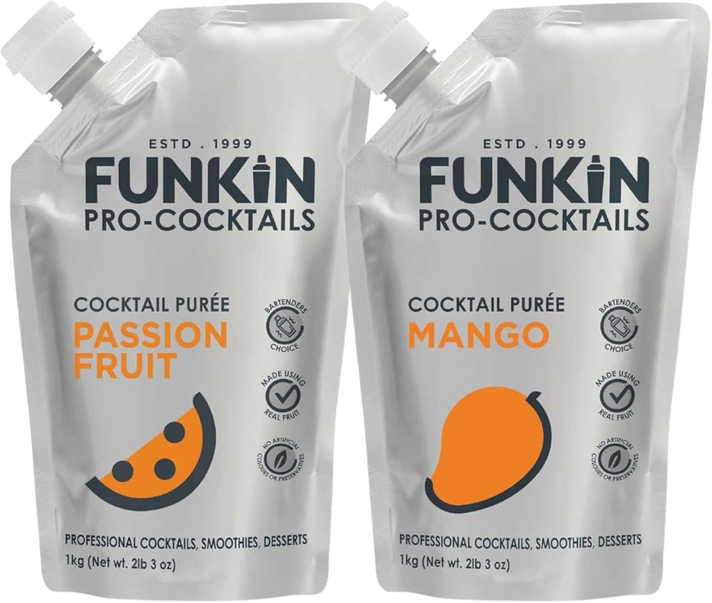 Funkin Puree Twin Pack Bundle | Passion Fruit and Mango | Real Fresh Fruit for Cocktails, Drinks, Smoothies, Cooking | No Added Preservatives or Flavorings (2.2 lbs)