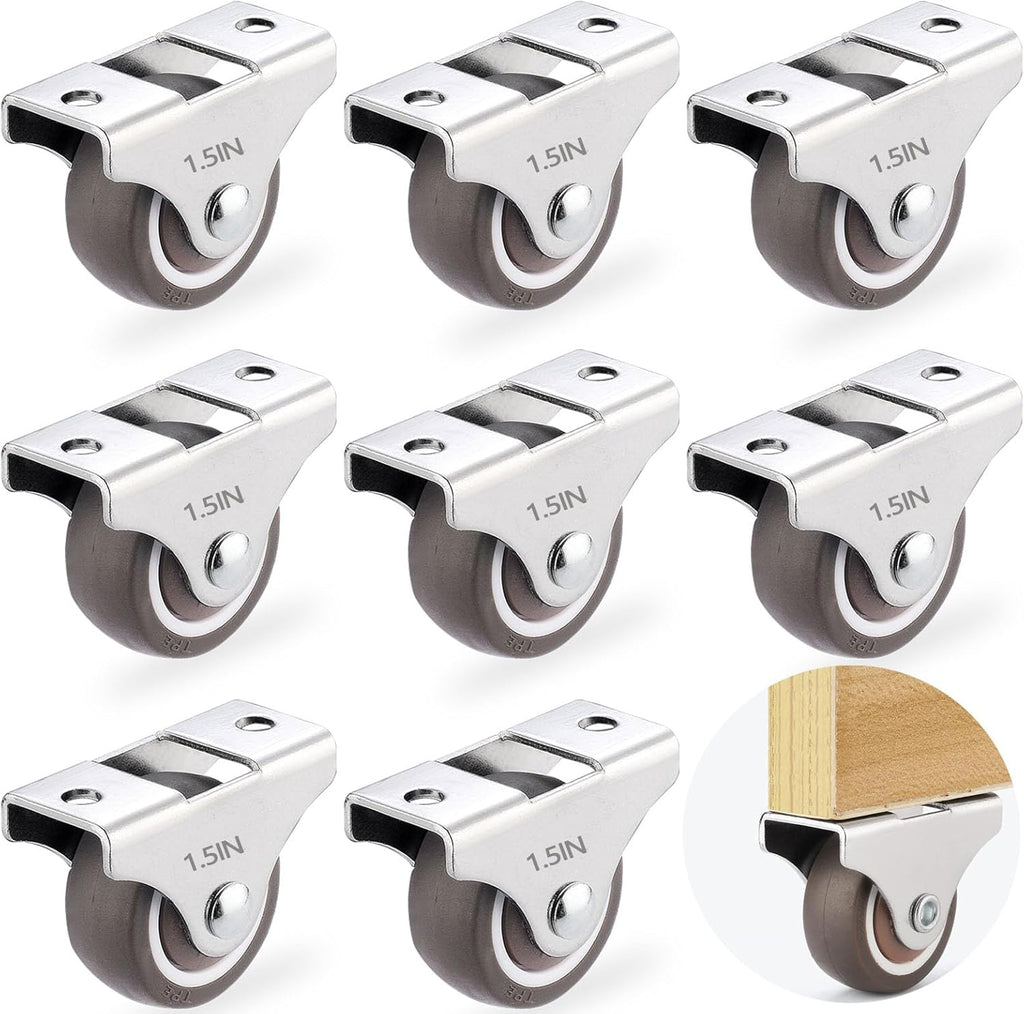 8Pcs 1.5 Inch Fixed Caster Wheels Heavy Duty, Rigid Plate Casters Wheels for Furniture, Cabinet, Under Bed Storage Drawer, Non Swivel, with Screws