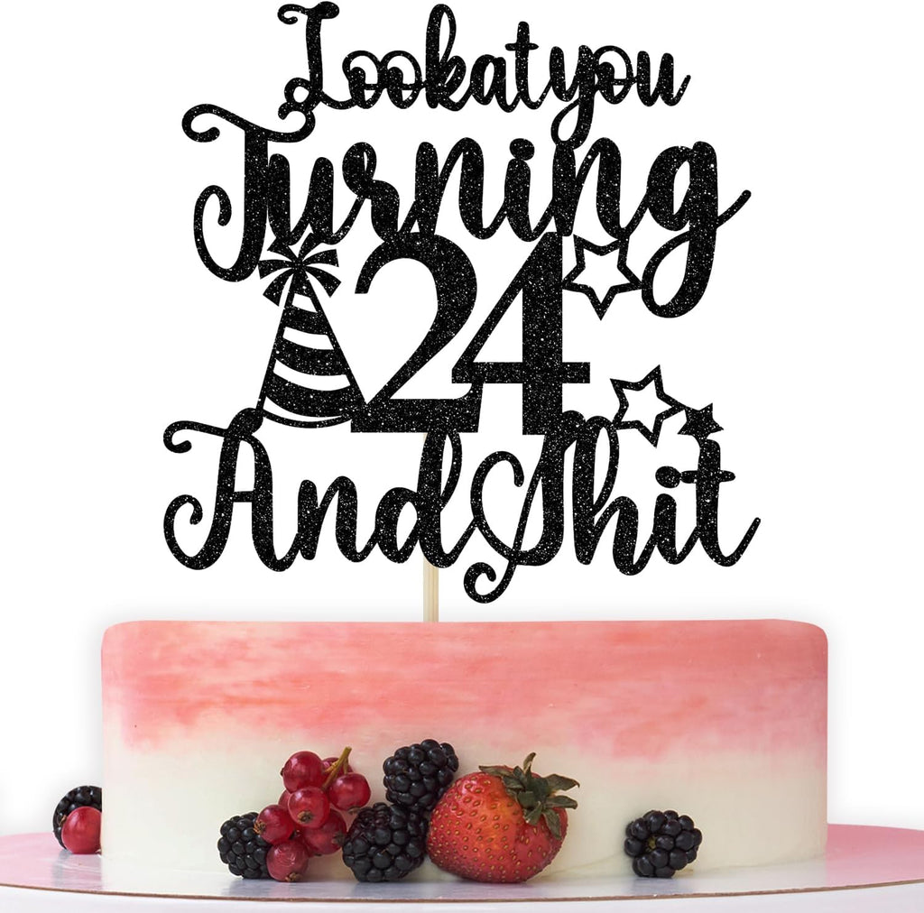 Happy 24th Birthday Cake Topper, 24th Birthday Cake Decor, Cheers to 24 Years, Hello 24, Funny 24th Birthday Party Decorations, Black Glitter