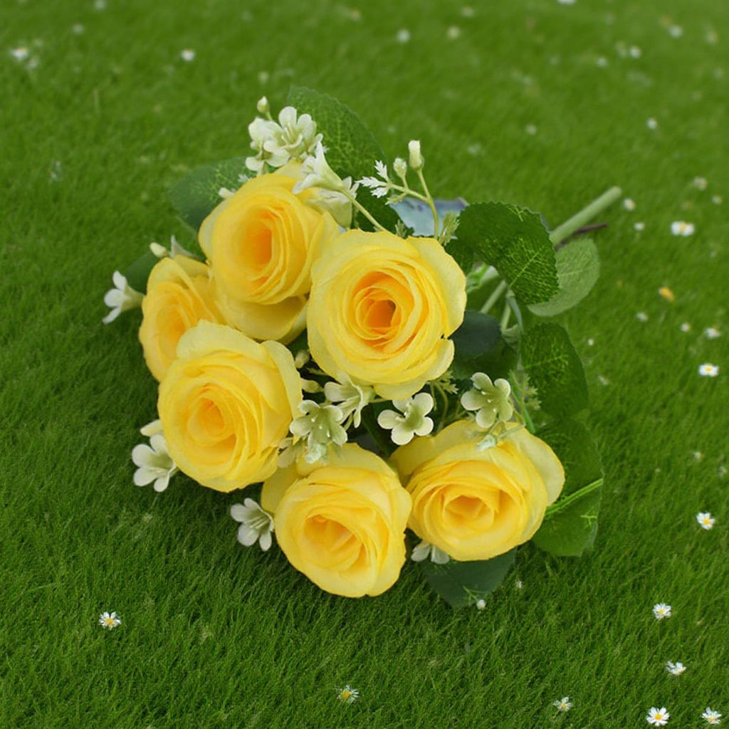 1 Bundle 6 Heads Artificial Silk Rose Flowers Small Bouquet Flores Home Party Spring Wedding Decoration Fake Flower (Yellow)