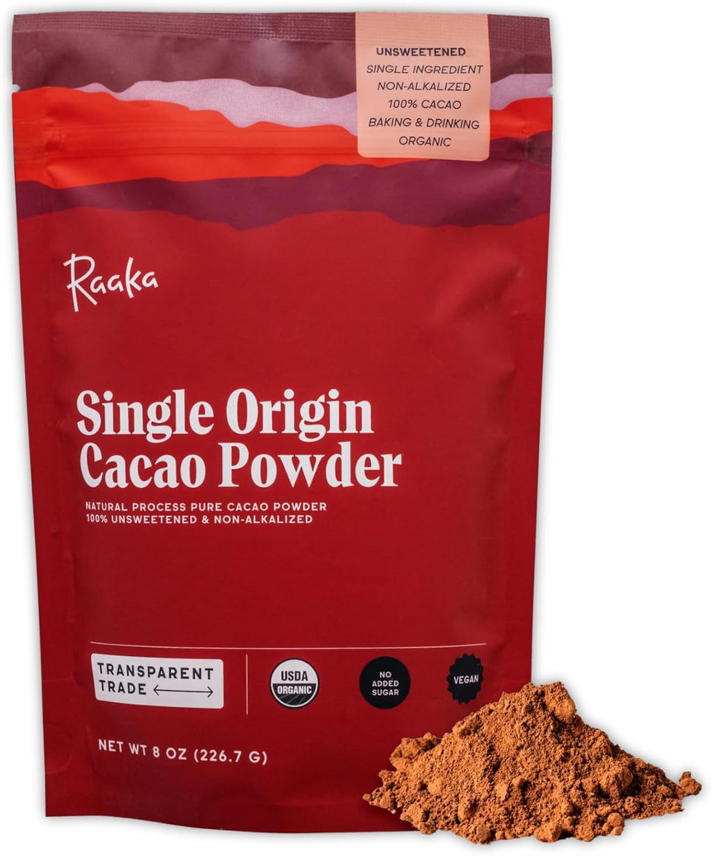 Raaka Chocolate Organic Cacao Powder - Unsweetened, Non-Alkalized, Perfect for Baking, Substitute for Cocoa Powder - Gluten-Free, Soy-Free, Sugar-Free, Allergen-Friendly - 8oz Resealable Bag