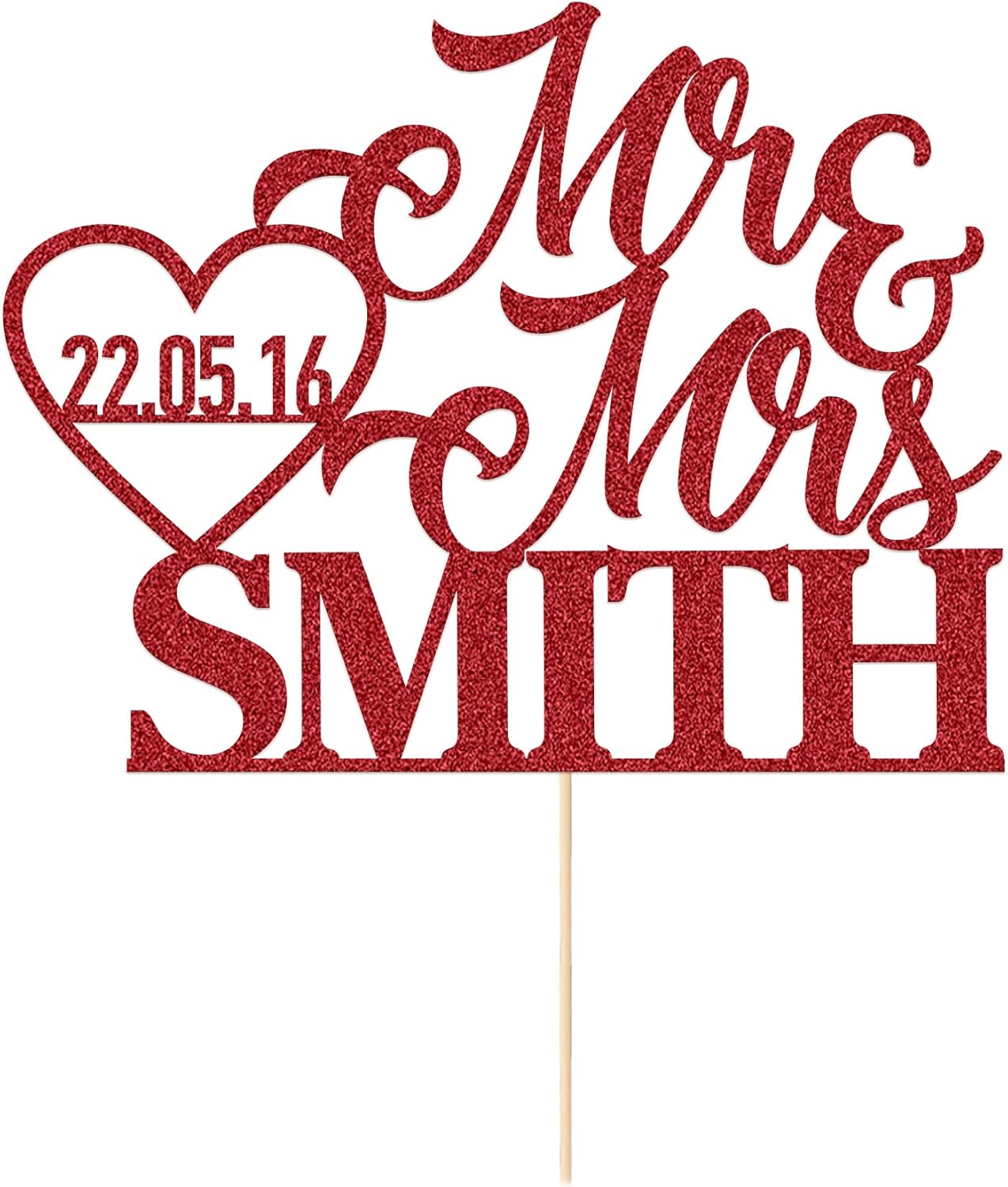 Personalized Wedding Cake Toppers, Double Sided Glitter Wedding Cake Topper With Any Name Date, Custom Gifts for Couple Newlyweds (Red)