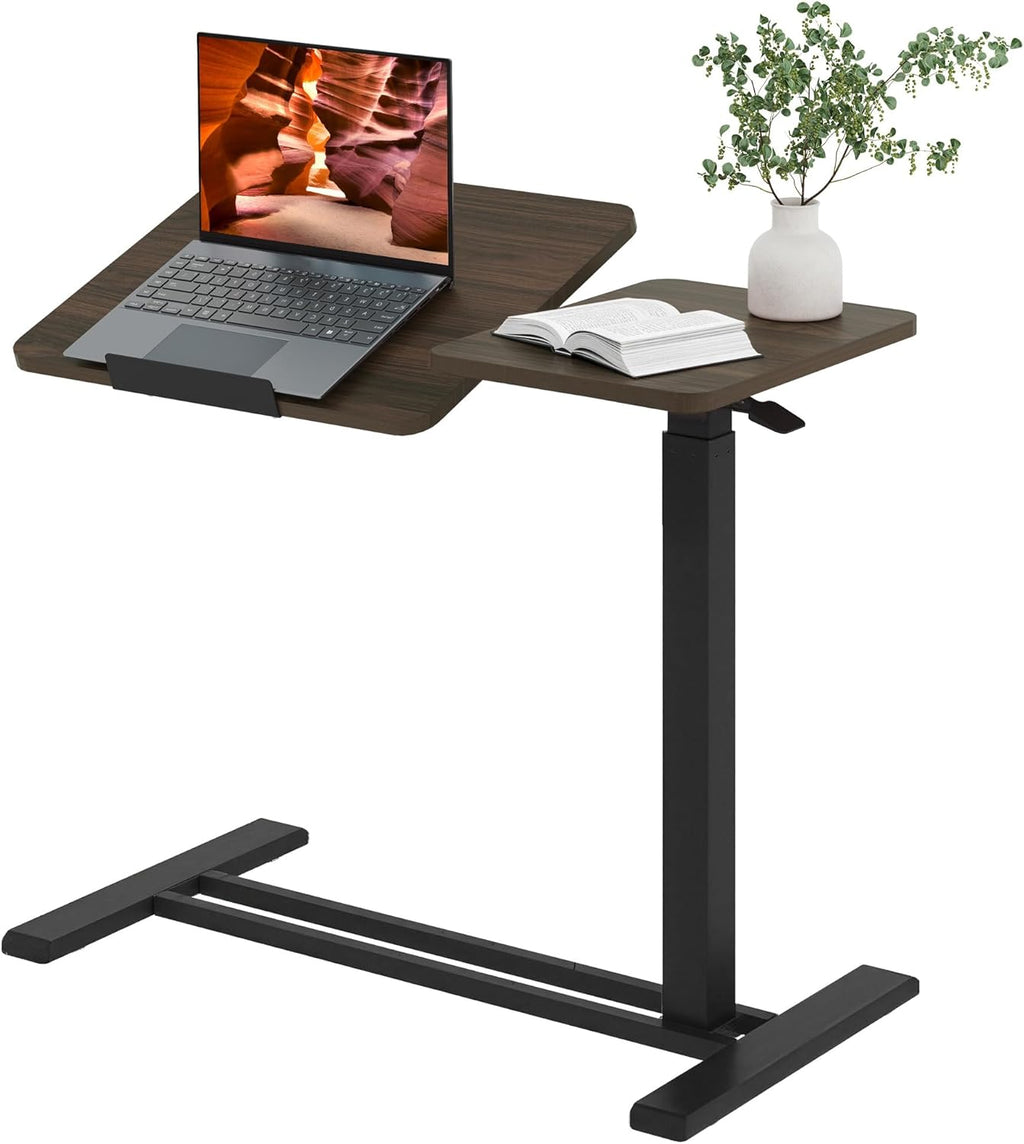 Adjustable Overbed Bedside Table with Wheels, Pneumatic Tilting Desktop Mobile Standing Desk, Rolling Laptop Desk for Bed, Sofa, or Hospital Use, (31.6" W x 15.7" D, Mahogany)