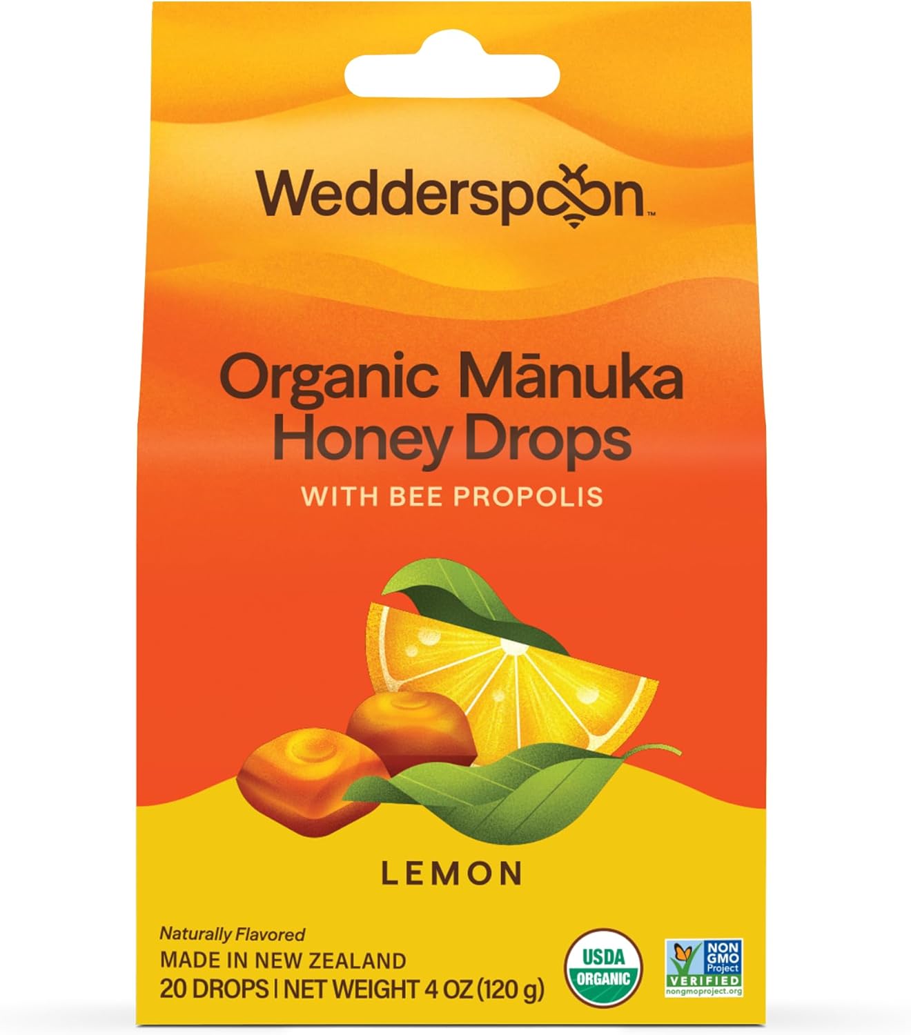 Wedderspoon Organic Manuka Honey Drops, Lemon & Bee Propolis, 20 Count | USDA Organic | Genuine New Zealand Honey, Natural Remedy for Dry Throat