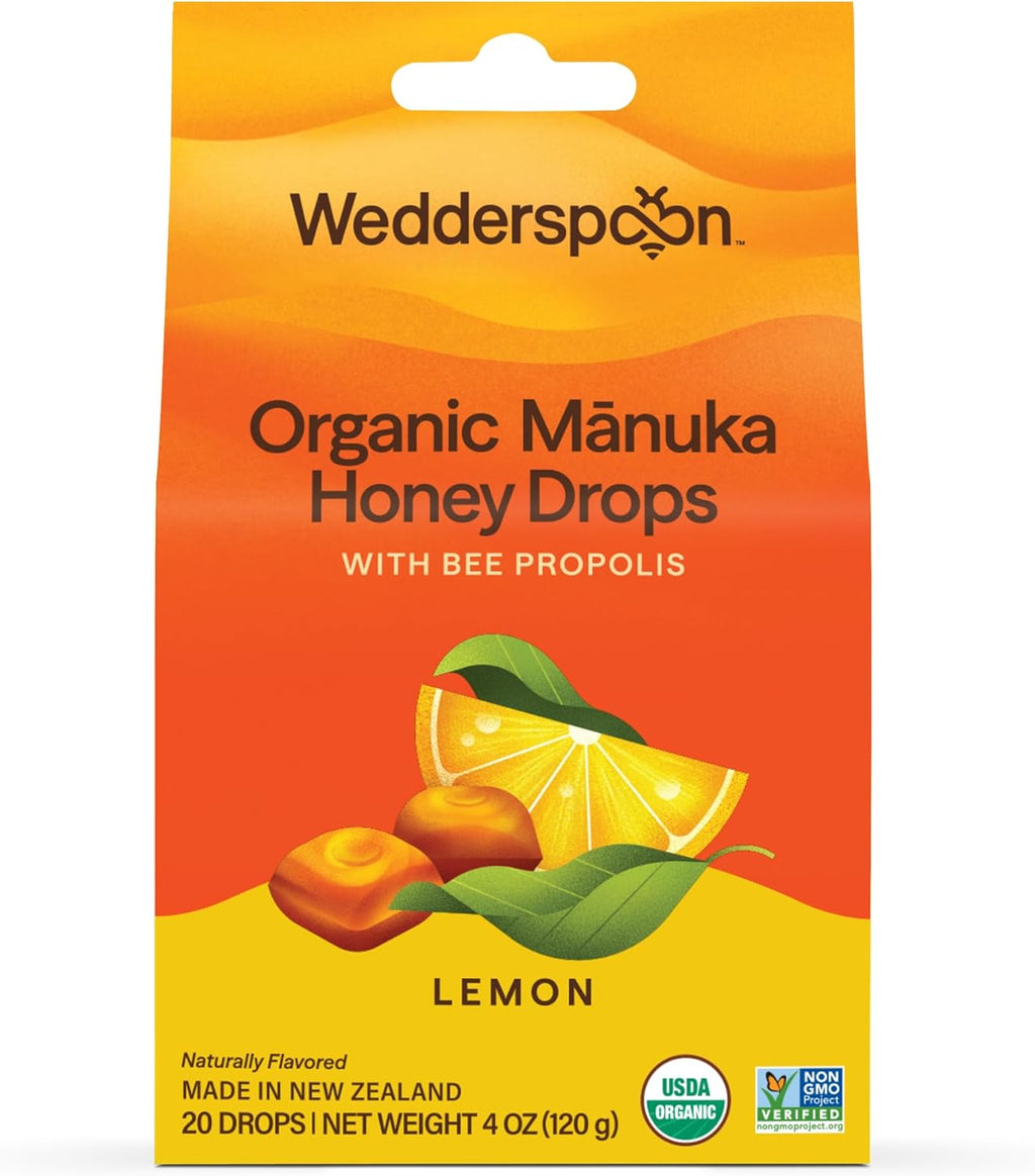 Wedderspoon Organic Manuka Honey Drops, Lemon & Bee Propolis, 20 Count (Pack of 1) | Genuine New Zealand Honey | Perfect Remedy For Dry Throats