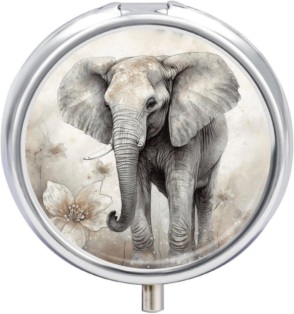 Metal Round Pill Box 3 Compartment, Cute Portable Travel Pill Organizer Small Animals Cute Elephant Pill Case for Pocket Purse Pill Container Medicine Organizer Box Daily Vitamin Holder