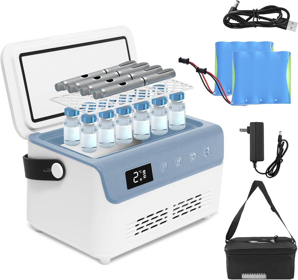 Electric Insulin Cooler Travel Case Box, Mini Insulin Fridge, Portable Insulin Refrigerator Diabetic Cooler Box for 4-5 Pens, 2-18℃ Temperature Control, with Handle, Power Supply, Rechargeable Battery