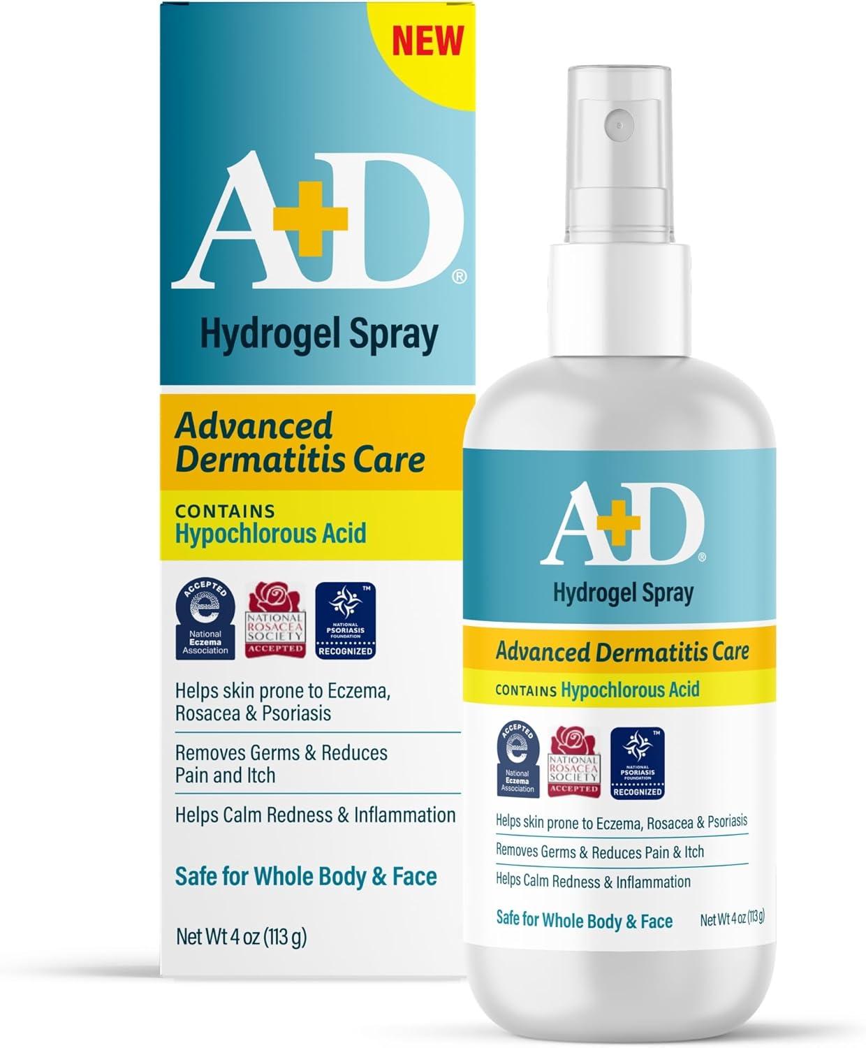 A+D Advanced Dermatitis Care Hydrogel Spray with Hypochlorous Acid 4 oz.– Cooling Antimicrobial Spray for Eczema, Psoriasis & Rosacea-Prone Skin, Reduces Itch, Redness & Inflammation