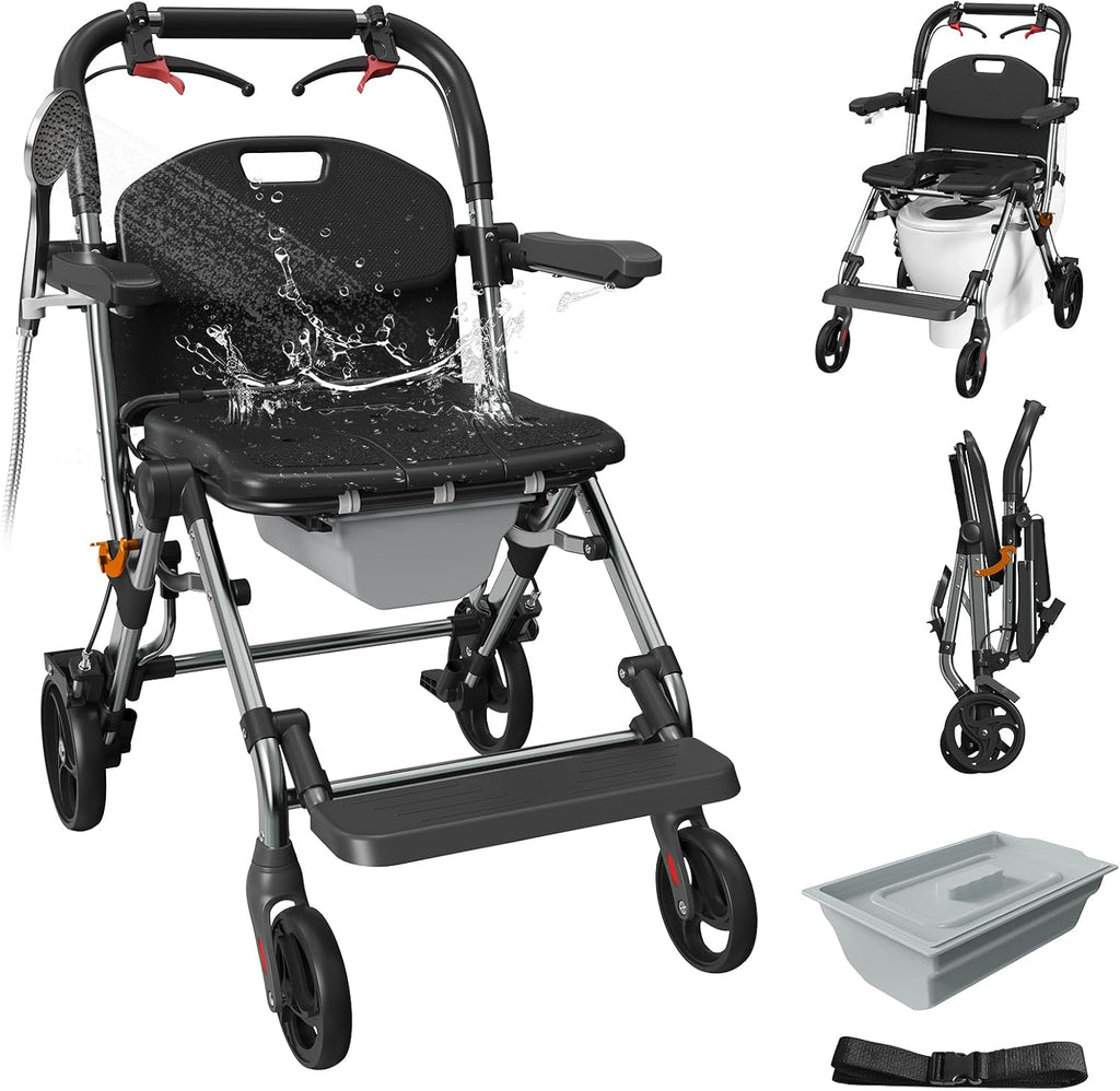 Portable Bedside Commode Chair 3-in-1, Foldable Toilet Chair with Raised Seat & Shower Chair, for Use with Wheelchairs for Adults, Heavy Duty Commode for Elderly, Disabled, Supports 330 lbs (BLACK)