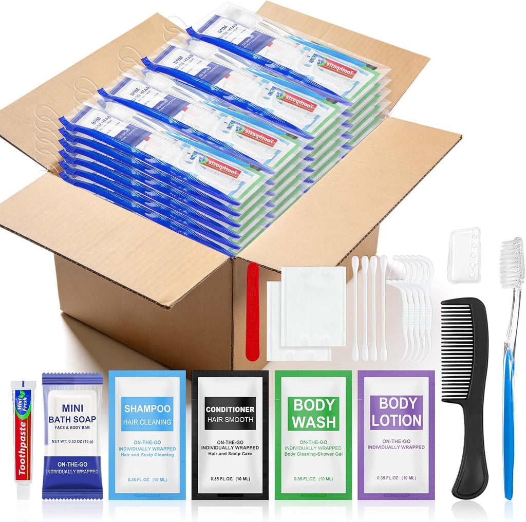 50 Set Personal Hygiene Kit Bulk,12-IN-1 Individually Wrapped Blue Basic Toiletry Supplies Disposable Travel Toothbrushes and Hotel Vanity Set for Homeless,Guests,Charity