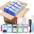 50 Set Personal Hygiene Kit Bulk,12-IN-1 Individually Wrapped Blue Basic Toiletry Supplies Disposable Travel Toothbrushes and Hotel Vanity Set for Homeless,Guests,Charity