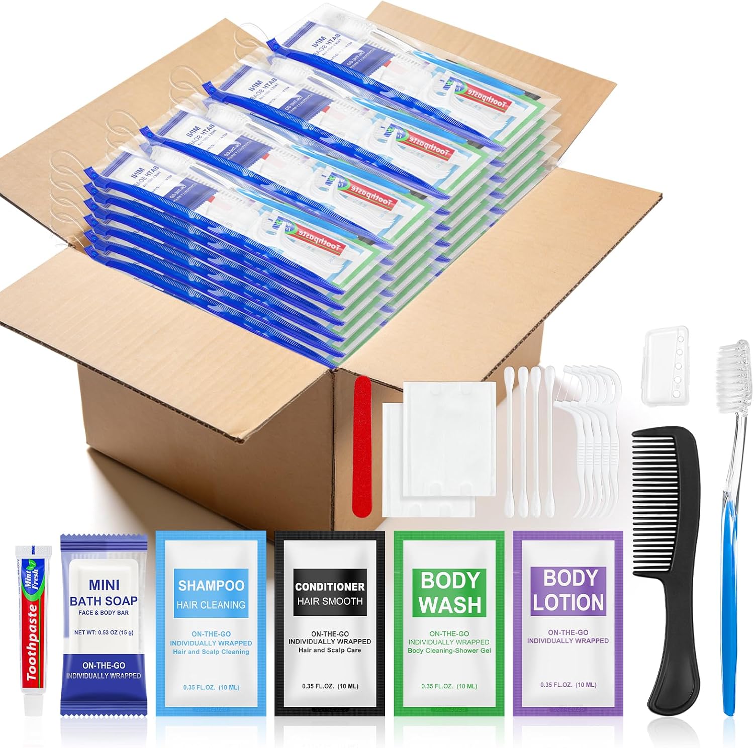 50 Set Personal Hygiene Kit Bulk,12-IN-1 Individually Wrapped Blue Basic Toiletry Supplies Disposable Travel Toothbrushes and Hotel Vanity Set for Homeless,Guests,Charity
