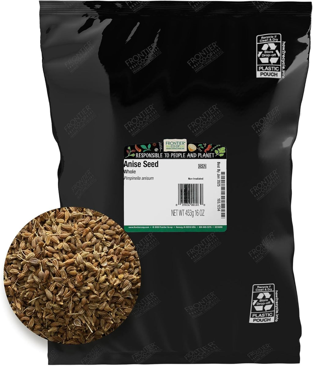 Frontier Co-op Organic Whole Anise Seed, 1lb Bulk Bag - Sweet Licorice-Like Spice for Baking, Slaws, Liqueurs, and Meat Dishes - Kosher | 16 Ounce (Pack of 1)