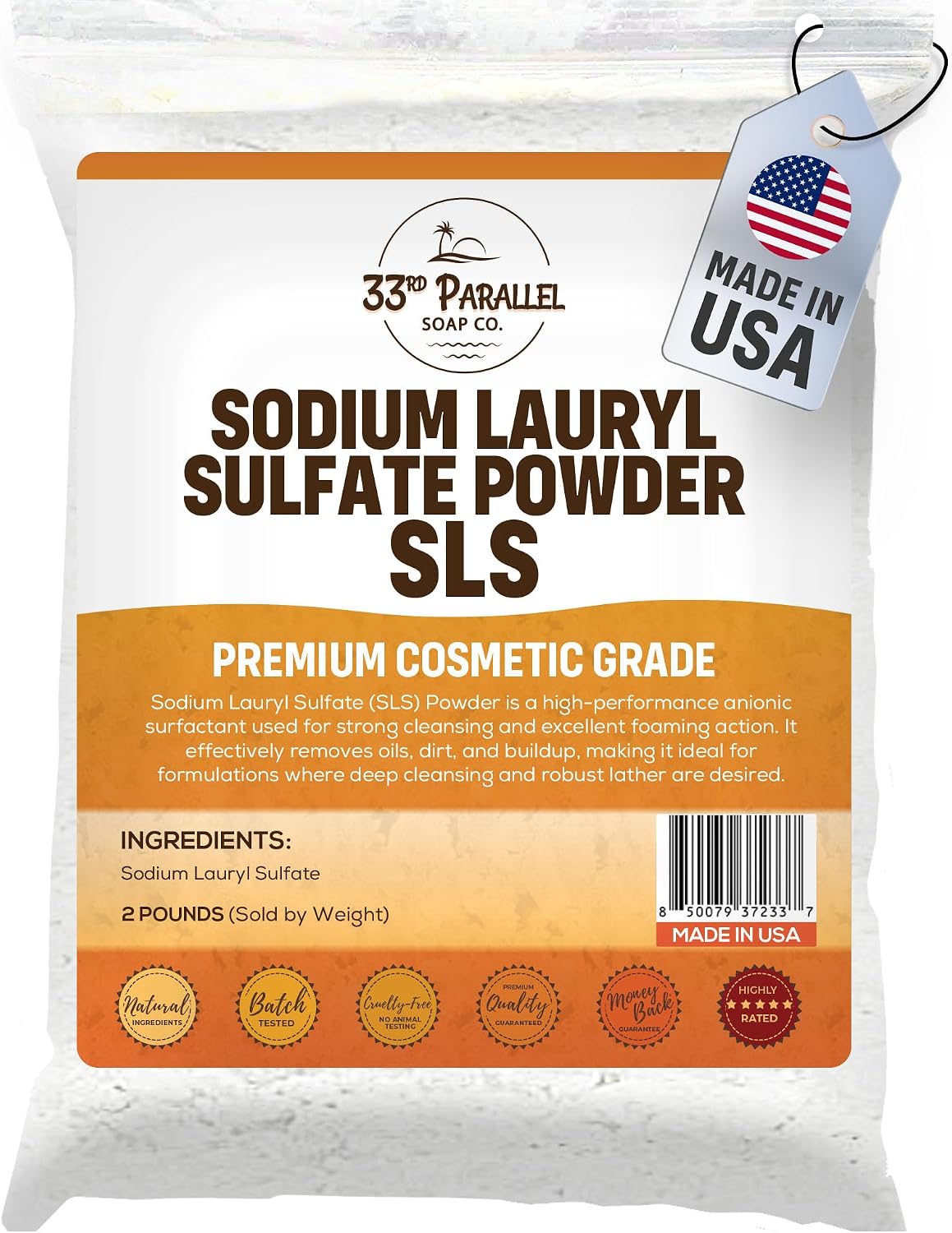 2 Pound Sodium Lauryl Sulfate (SLS) Powder | High Foaming Surfactant for Soap Making, Shampoo & Cleansers – Powerful Lathering Agent for Personal Care Formulations | 2 Pound / 32oz
