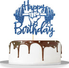 Weightlifting Happy Birthday Cake Topper for Boy Girl/Weight Lifter Birthday Party Decor/Sport Sign Cake Topper/Fitness Gym Party Decorations Blue Glitter