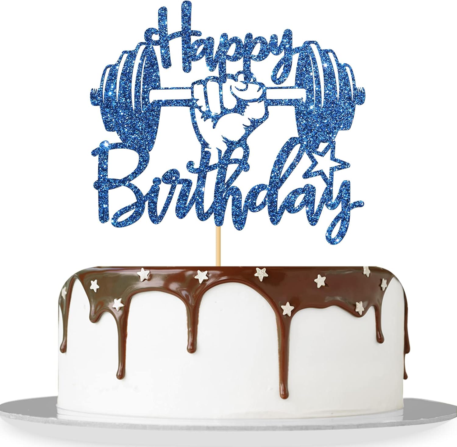 Weightlifting Happy Birthday Cake Topper for Boy Girl/Weight Lifter Birthday Party Decor/Sport Sign Cake Topper/Fitness Gym Party Decorations Blue Glitter
