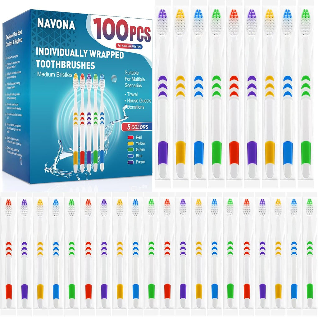 Navona 100 PCS Premium Toothbrushes Bulk, Individually Wrapped Toothbrushes, Disposable Toothbrush, Medium Soft Bristle Bulk Toothbrushe for Travel Hotel Donation, Ergonomics Handle