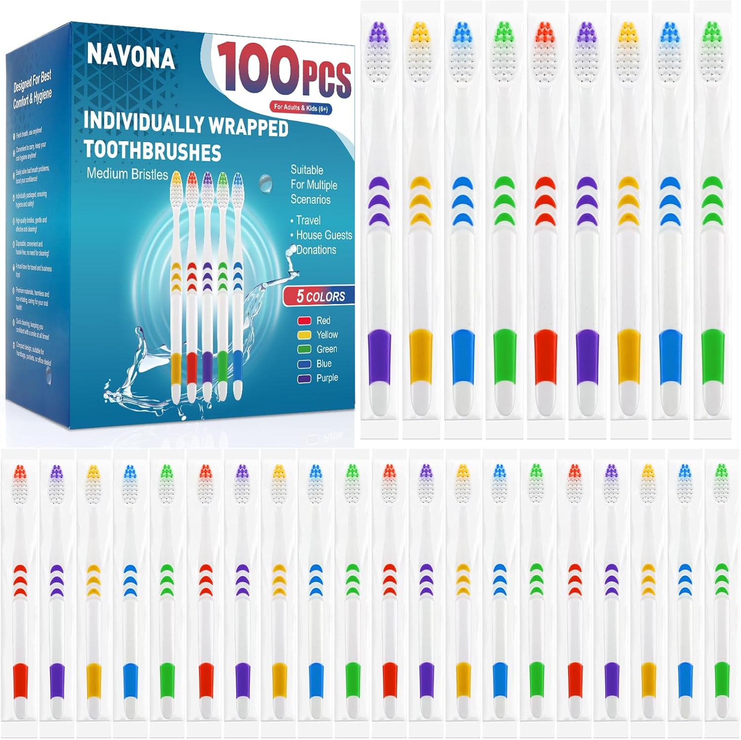 Navona 100 PCS Premium Toothbrushes Bulk, Individually Wrapped Toothbrushes, Disposable Toothbrush, Medium Soft Bristle Bulk Toothbrushe for Travel Hotel Donation, Ergonomics Handle