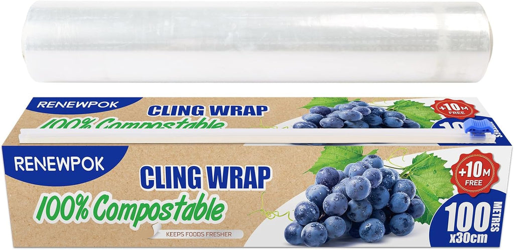 100% Compostable Plastic Wrap Dispenser With Slide Cutter 12 inch Food Service Cling Film Wrap Roll - 12" x 360 Ft ECO friendly Food Wrap(The Slide Cutter stored in The Inner core of The roll)