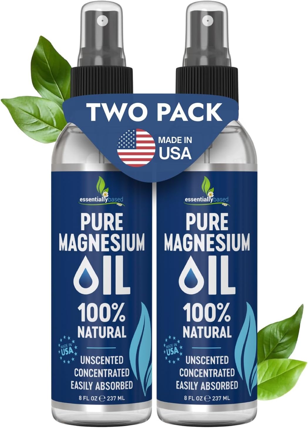 Pure Magnesium Oil Spray 8oz - Topical Magnesium Spray for Sleep & Feet - Extra Strength - USP Grade - 100% Natural and Organic Oil for Muscle Pain & Cramps - Made in USA - 2 Pack