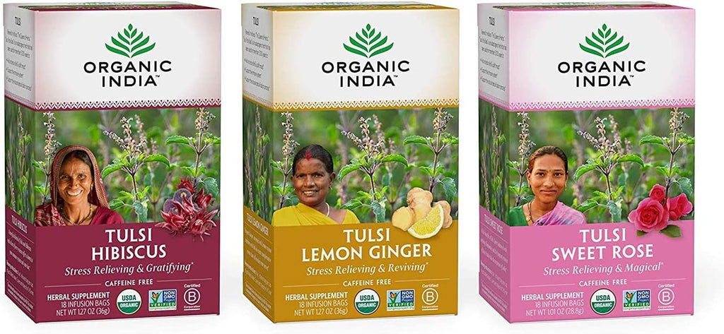 Organic India Iced Tulsi Tea Bags Variety Pack - Assorted Tea, Holy Basil, Hibiscus, Lemon Ginger, Sweet Rose - Adaptogen, Vegan, USDA Certified Organic, Non-GMO - 18 Infusion Bags per Box (Pack of 3)