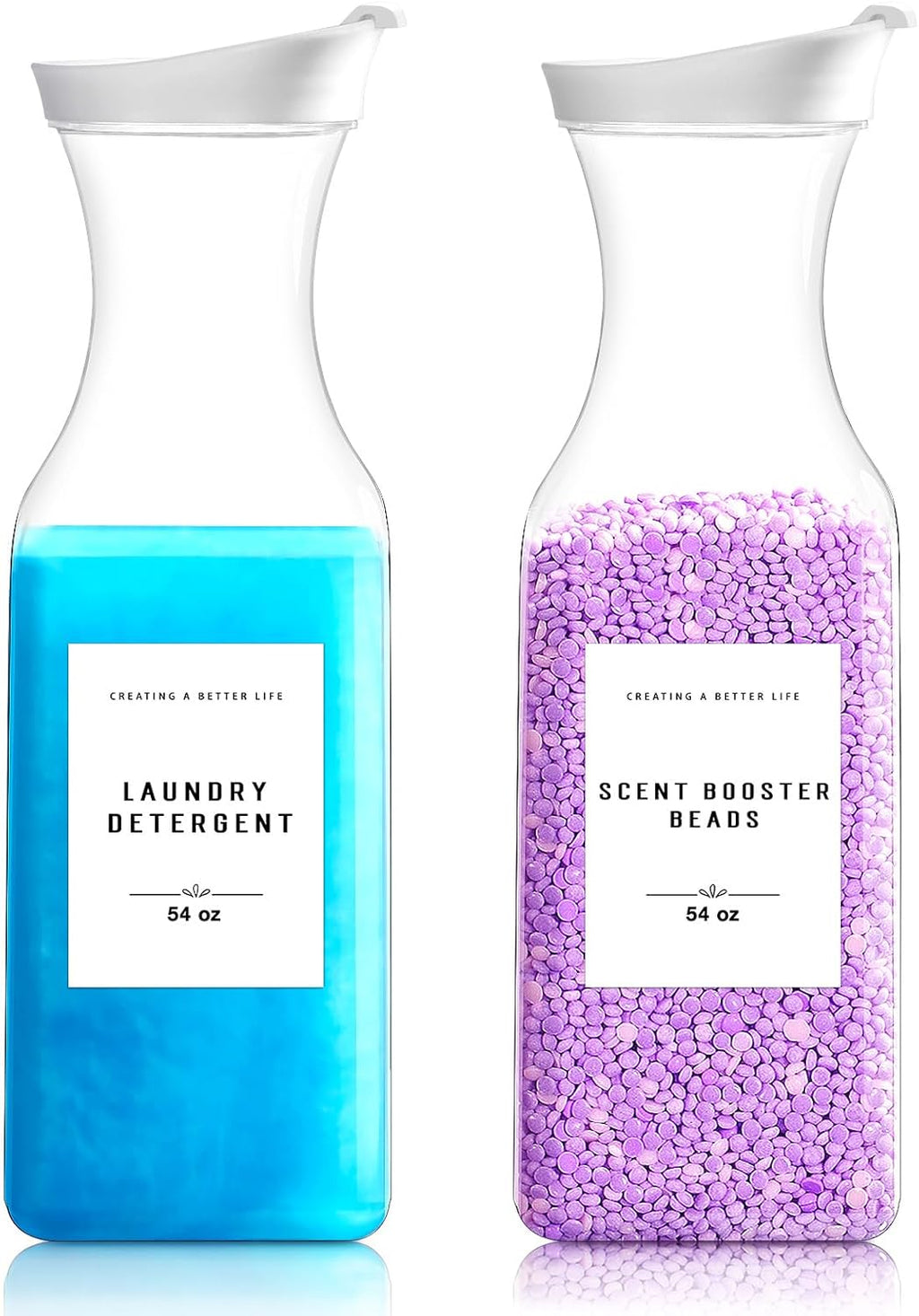 Laundry Detergent Dispenser Bottle 54oz with Waterproof Label for Laundry Detergent Soap Fabric Softener Scent Booster Beads, Sturdy PET Plastic Bottle, 2 Pack White