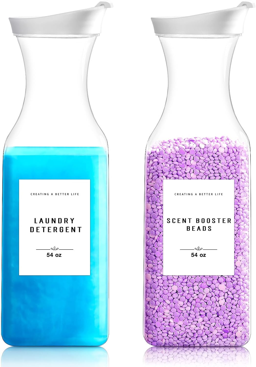 Laundry Detergent Dispenser Bottle 54oz with Waterproof Label for Laundry Detergent Soap Fabric Softener Scent Booster Beads, Sturdy PET Plastic Bottle, 2 Pack White