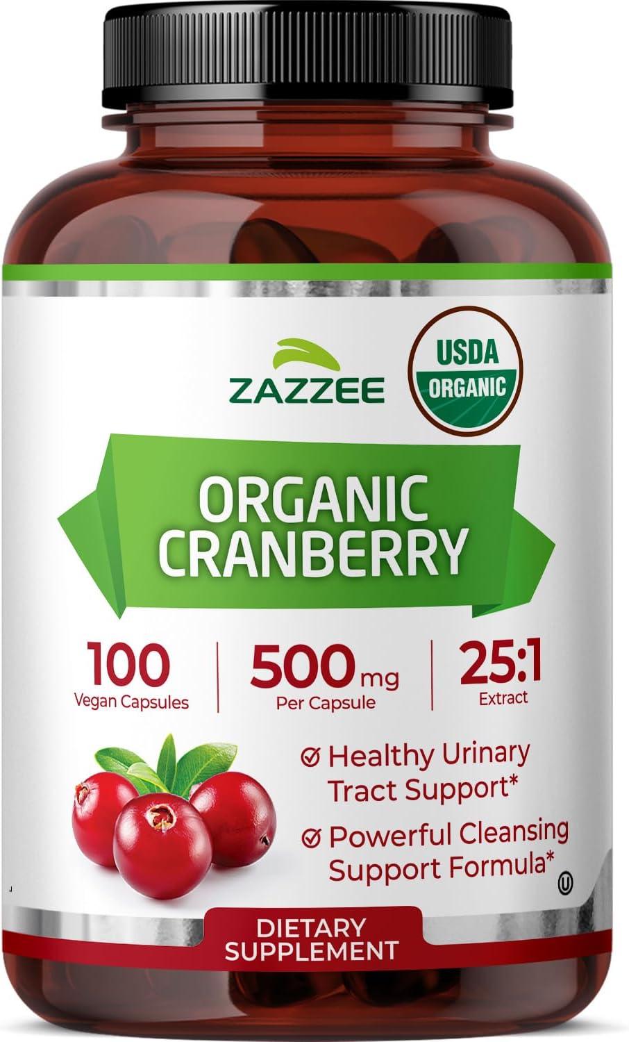 Zazzee USDA Organic Cranberry 25:1 Extract, 500 mg per Capsule, 100 Vegan Capsules, 3+ Month Supply, Certified Kosher, Vaccinium Macrocarpon, Urinary Tract & Bladder Support, Non-GMO, Made in the USA