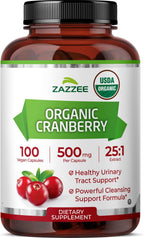 Zazzee USDA Organic Cranberry 25:1 Extract, 500 mg per Capsule, 100 Vegan Capsules, 3+ Month Supply, Certified Kosher, Vaccinium Macrocarpon, Urinary Tract & Bladder Support, Non-GMO, Made in the USA