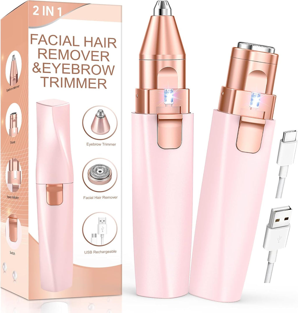 Eyebrow Trimmer Facial Hair Removal for Women: 2 in 1 Rechargeable Facial Hair Remover & Eyebrow Razor, Electric Painless Face Shaver for Women with LED Light for Eye brow, Lips & Face