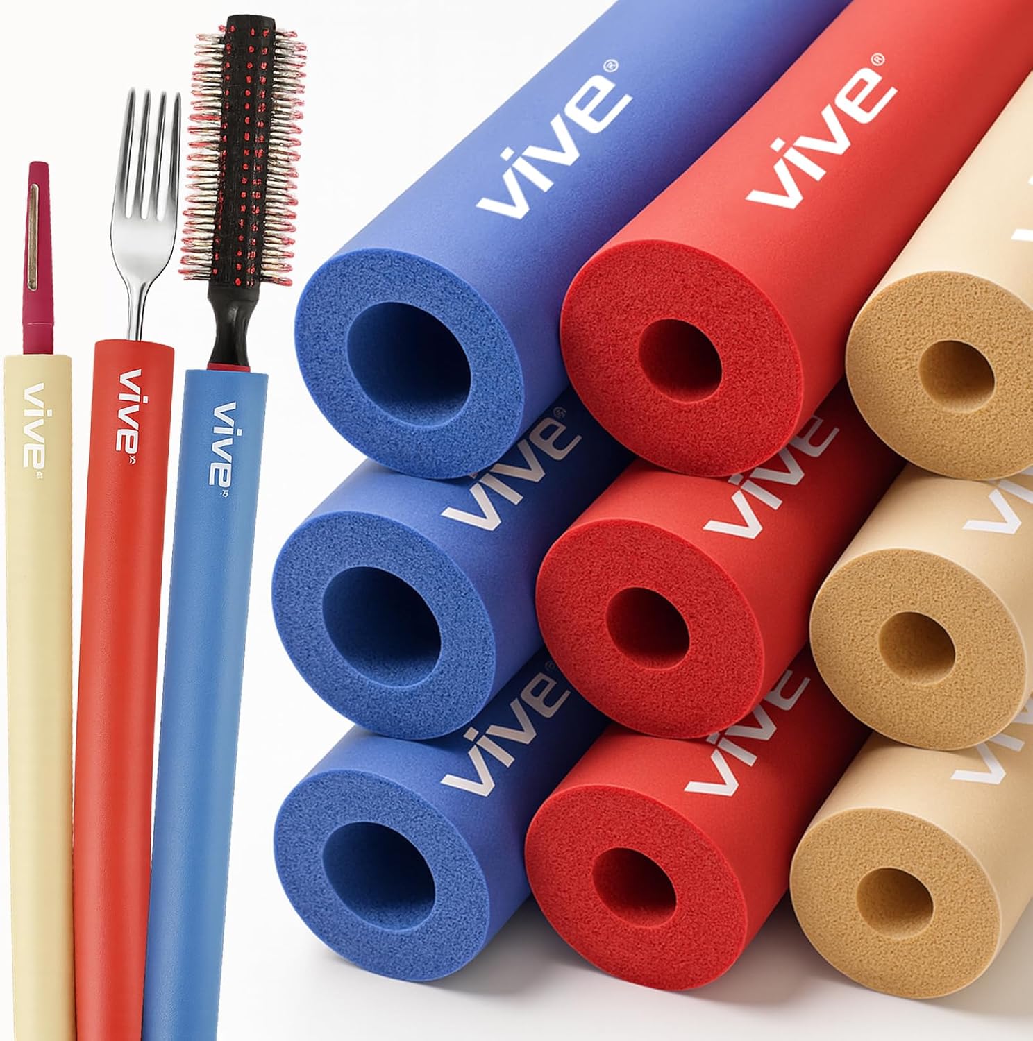 Vive Foam Tubing (9 Pack) - Utensil Padding Grips - Spoon, Fork Round Hollow Medical Closed Cell Tube - Cut to Length - Provides Wider, Larger Grip Pipe Tool for Dexterity, Disabled, Elderly