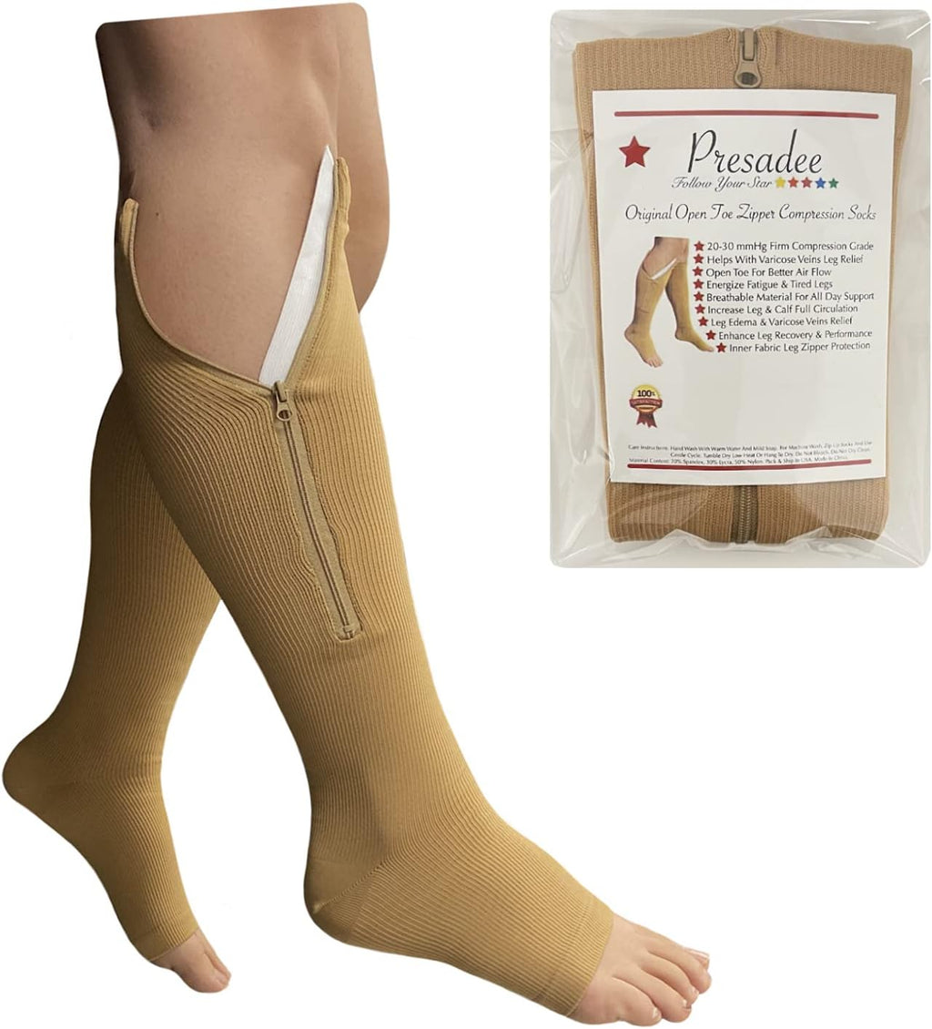 Presadee Original Open Toe 20-30 mmHg Firm Compression Circulation Zipper Socks (Beige, L/XL)