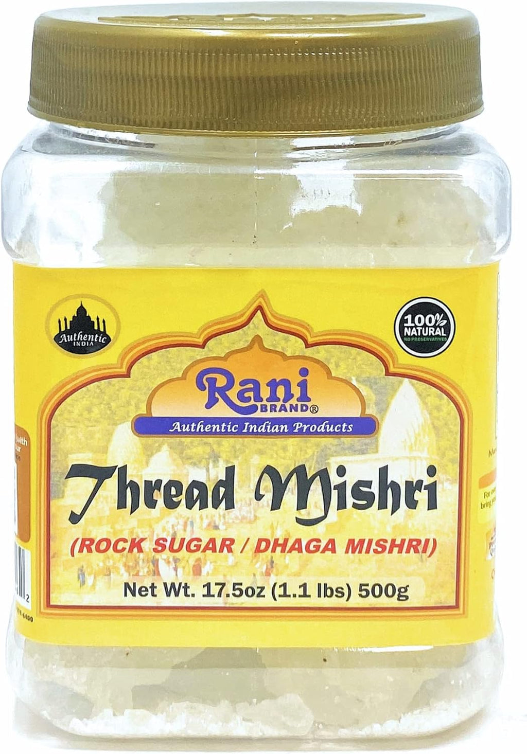 Rani Thread Misri (Rock Sugar/Dhaga Mishri) 17.5oz (1.1lbs) 500g PET Jar ~ All Natural | Gluten Friendly | No Colors | Vegan | Kosher | Indian Origin