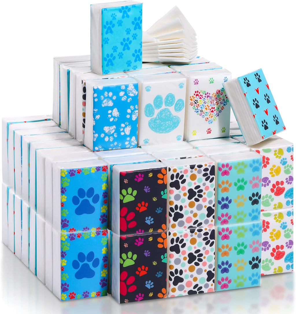 100 Pack Paw Print Pocket Tissues Bulk 800 Sheet Individually Packed 3 Ply Facial Travel Tissues Wallet Size Small for Travel Dog Cat Lovers Gifts Vet Supplies Party Favors Daily Use, 10 Designs