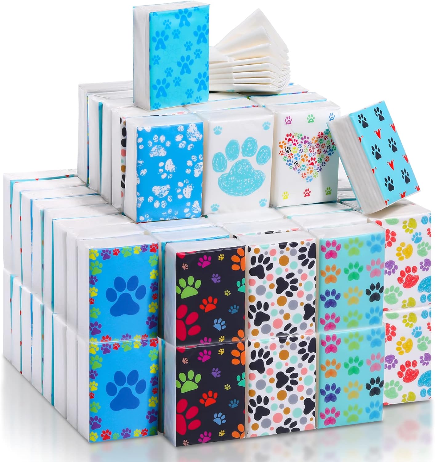 100 Pack Paw Print Pocket Tissues Bulk 800 Sheet Individually Packed 3 Ply Facial Travel Tissues Wallet Size Small for Travel Dog Cat Lovers Gifts Vet Supplies Party Favors Daily Use, 10 Designs