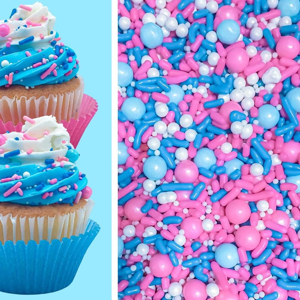 Pink Blue White Baby Shower Gender Reveal Pink Blue White Edible Cake Cake Cookie Cupcake Ice Cream Donut Decoration Quins Glitter Sprinkles Confetti Jimmie Toppers - 4oz (Pearly Gender Reveal)