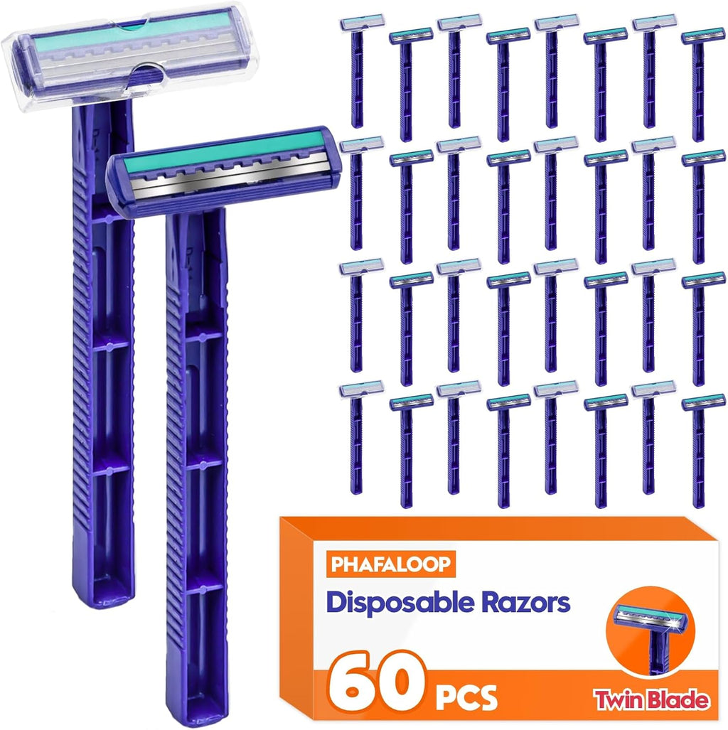 Twin Blade Disposable Razors for Men & Women – Bulk 60 Pack Stainless Steel Shavers with Lubricating Strip, Safety Cap & Non-Slip Handle for Sensitive Skin, Travel, Hotel, Charity – Blue