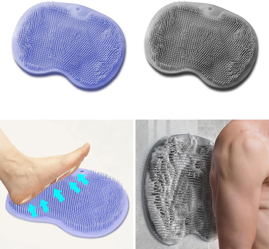 2 PCS Shower Foot & Back Scrubber Mat Hands Free Foot Massager Mat with Non-Slip Suction Cups, Wall Mounted Silicone Bathroom Wash Foot Pad Exfoliating Dead Skin Foot Brush (Grey & Purple)
