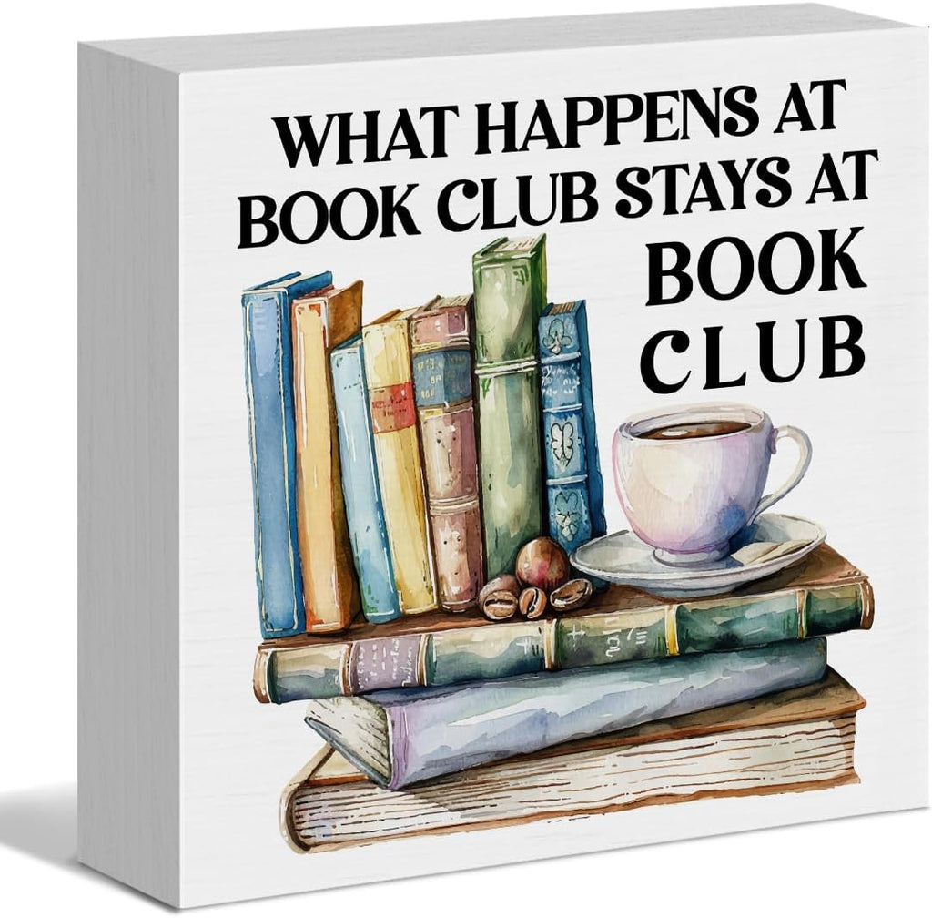 Book Lover Gifts for Women Men - What Happens at Book Club - Funny Reading Gift for Reader Librarian Bookworm Christmas Birthday - Book Shelf Desk Wooden Box Sign