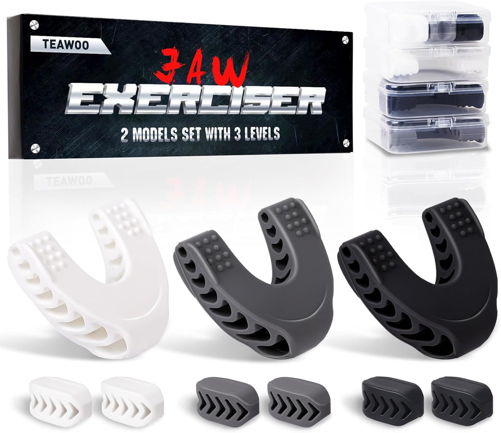 9PCS Jaw Exerciser for Men & Women, 2 Model Set with 3 Resistance Levels Silicone Jaw Toner for Beginner, Intermediate & Advanced Users, Jawline Exerciser (White/Grey/Black)