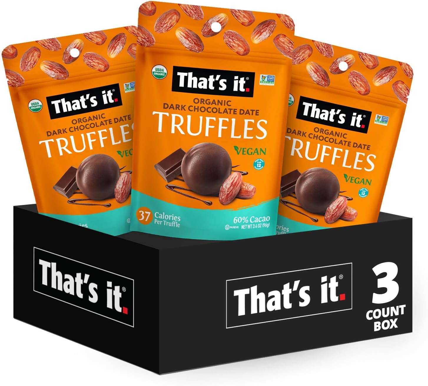That's it Organic Dark Chocolate & Date Truffles. 100% Plant-Based, Vegan, Gluten-Free, All Natural (3 Pack)