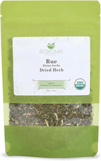 Biokoma Organic Rue Dried Herb 50g Premium Loose Leaf Ruta Graveolens USDA Organic Herbal Tea Aromatic Sachets Spiritual Use Resealable Moisture Proof Pouch No Additives No Preservatives No GMO Kosher