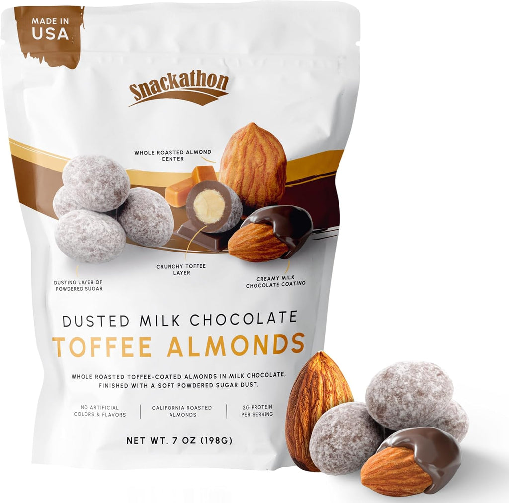 Snackathon Dusted Toffee Milk Chocolate Covered Almonds, 7 oz Resealable Bag, Whole Roasted Almonds Coated in Toffee and Creamy Milk Chocolate, Crunchy & Sweet Nut Snack, Made in USA