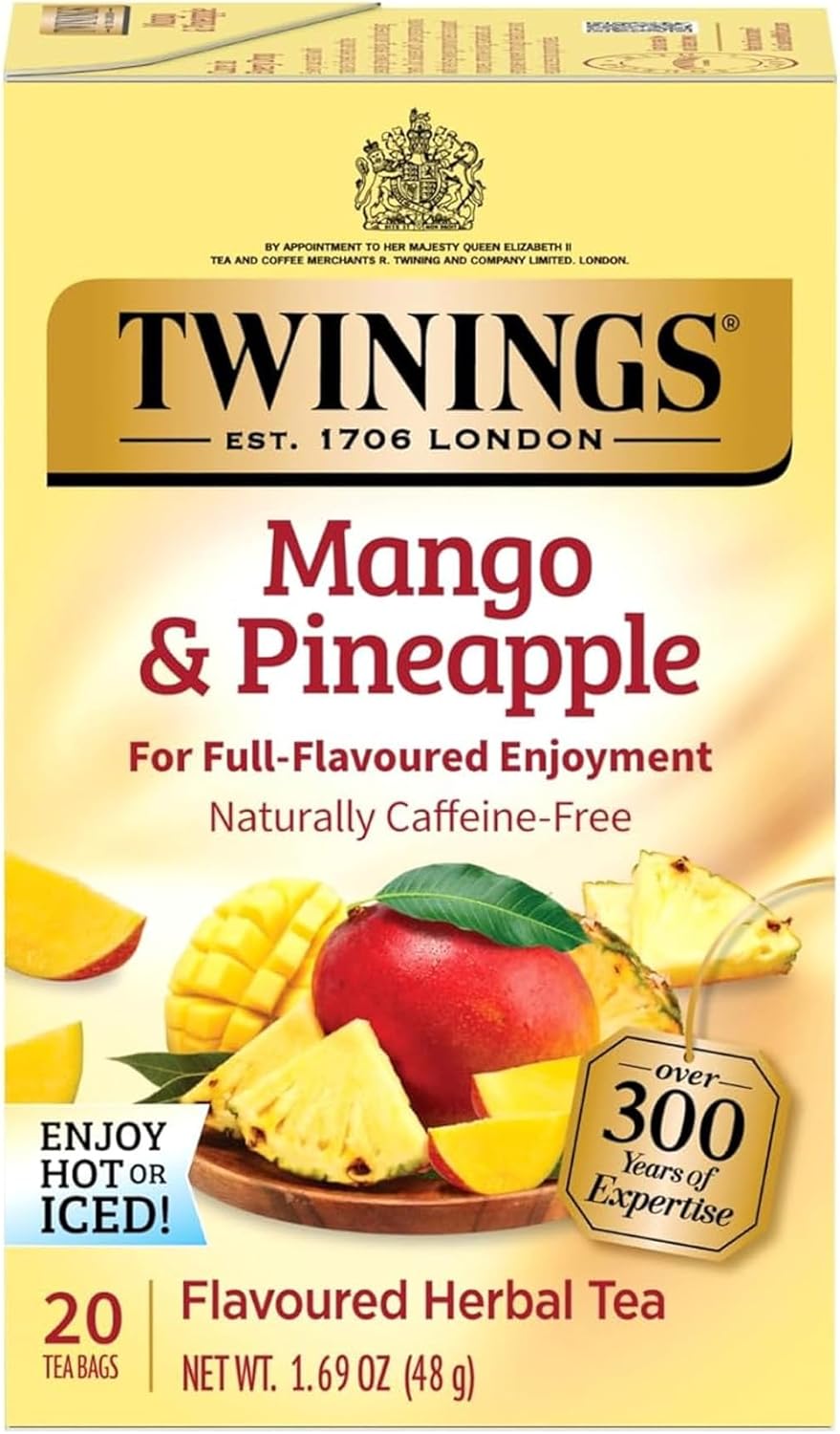 Twinings Mango & Pineapple Herbal Tea Individually Wrapped Bags, 20 Count (Pack of 1), Naturally Caffeine-Free, Enjoy Hot or Iced, 20 Teabags