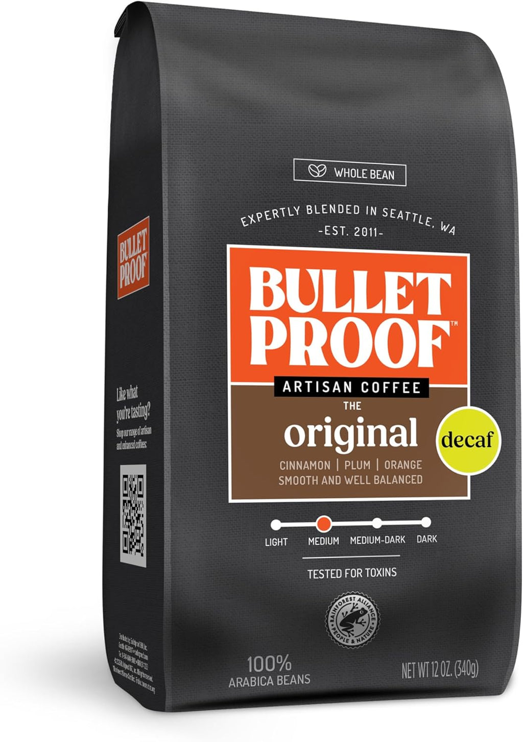 Bulletproof Original Medium Roast Whole Bean Decaf Coffee, Clean Coffee Tested for Toxins, Sustainably Sourced, 12 Ounces