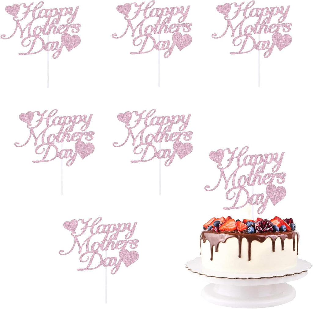 KIPETTO Happy Mother's Day Cake Toppers 20Pcs Glitter Heart Cupcake Topper for Mother's Day Mom's Birthday Party Cake Decoration, Pink